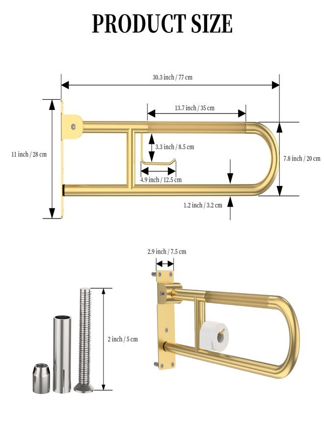YuanDe Toilet Grab Bar 30.3 Inch, YuanDe Flip Up Grab Bar with Paper Holder, Brushed Gold Anti-Slip Safety Bars for Toilet, Stainless Steel Knurled Toilet Handles for Seniors Disabled Elderly Pregnant - Image 2